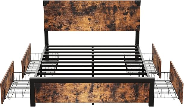 Queen Size Bed Frame, Heavy Duty Metal Bed Frame King Size with Steel Frame, MDF Wood Rustic Headboard, Sturdy Metal Slat Support & Reinforced Brackets for Bedroom, Easy Assembly 205x153x95cm