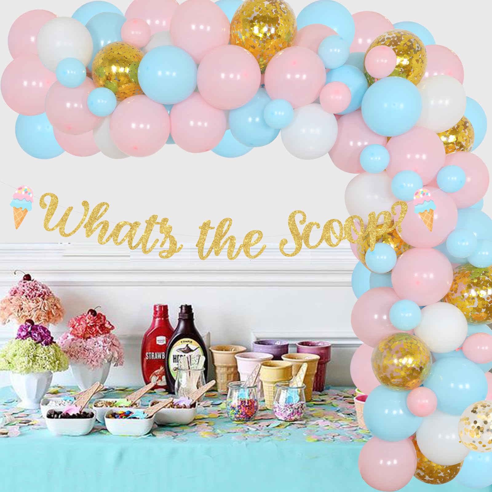 Ice Cream Gender Reveal Party Decorations - Gender Reveal Balloon Garland Pastel Pink Blue Gold Glitter What's The Scoop Banner for Ice Cream Theme