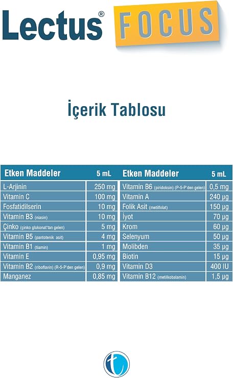 Lectus Focus 150 ml Likit Fosfatidilserin L-Arjinin Multivitamin Multimineral Şurup (2 paketi)