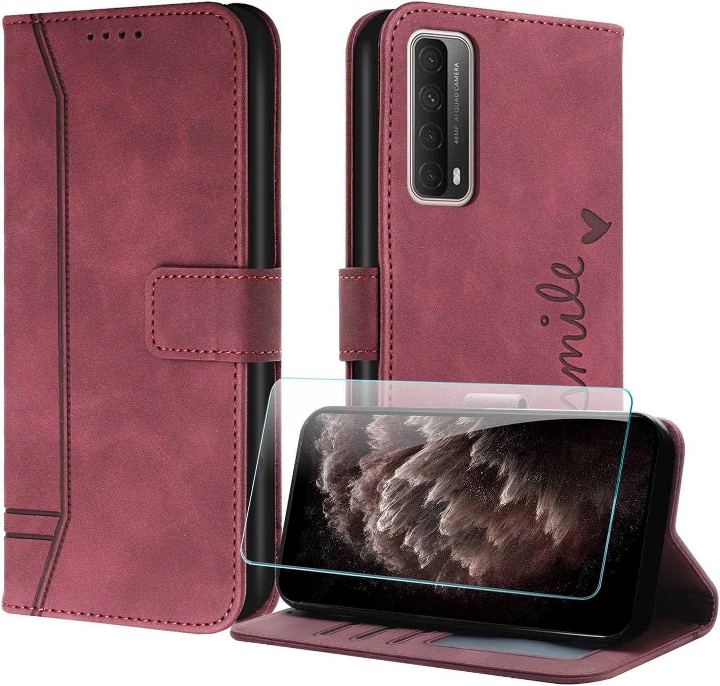Cover per Huawei P Smart 2021 / Y7A, Custodia Flip in Pelle PU con Protezione per Schermo Supporto Slot per Scheda Protezione Integrale Chiusura Magnetica per Huawei Y7A (Rosso)