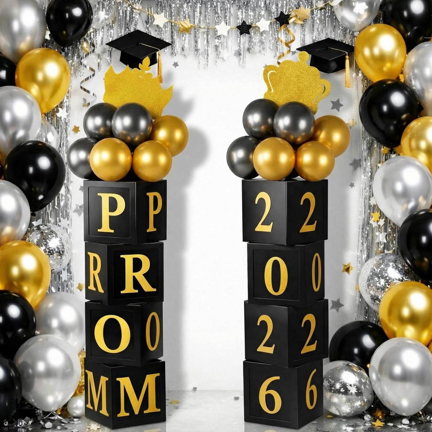 Skylety Prom 2026 Decorations Kit Black and Gold Graduation Party Supplies 8 Prom Column Boxes 20 Metallic Balloons 2 Crown Cards for Senior Night Congrat Grad Backdrop