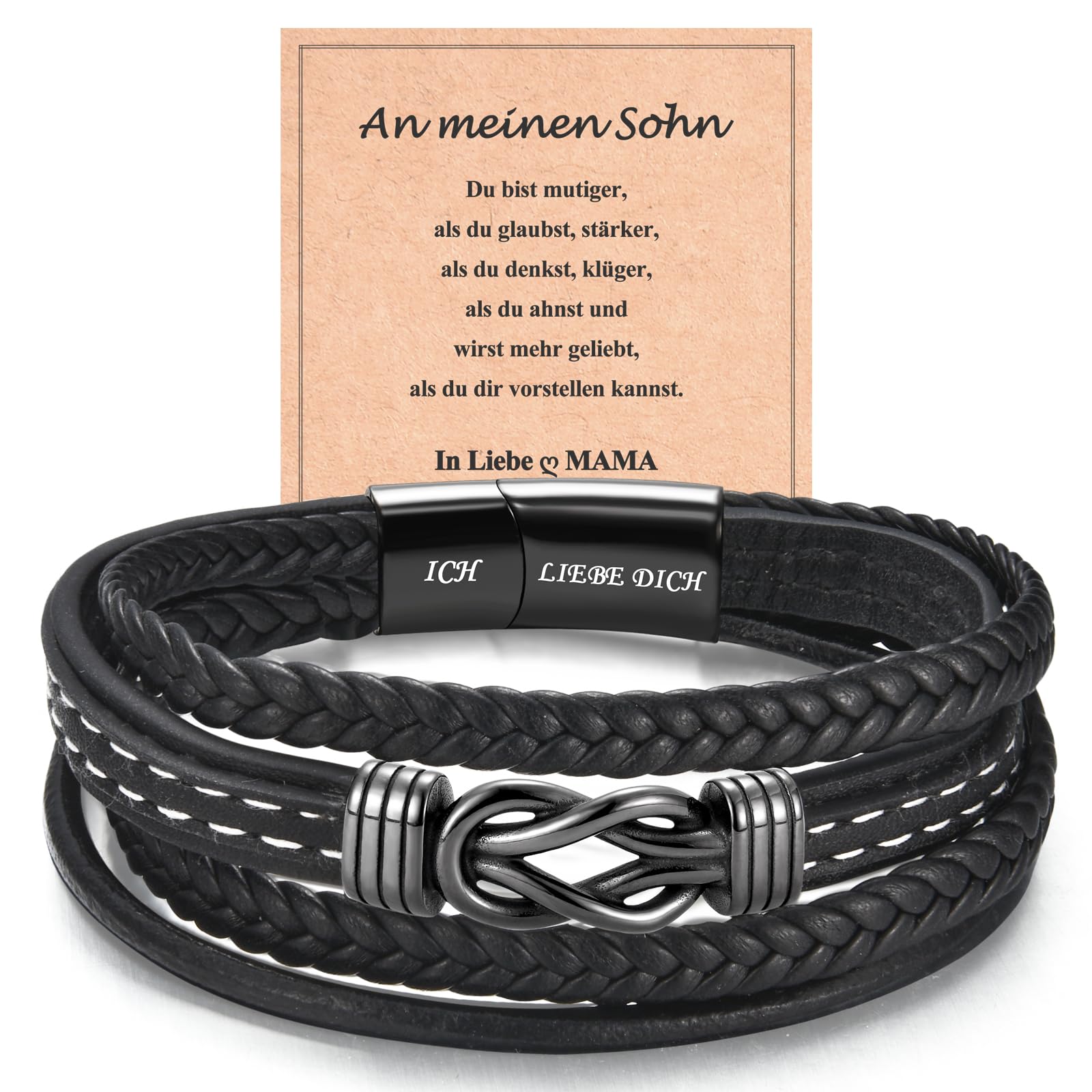 WOVEE Lederarmband für Sohn/Papa/Mann Schwarz Magnetverschluss mit Ich Liebe Dich Gravur Schmuck Geschenke Edelstahl Armband Leder