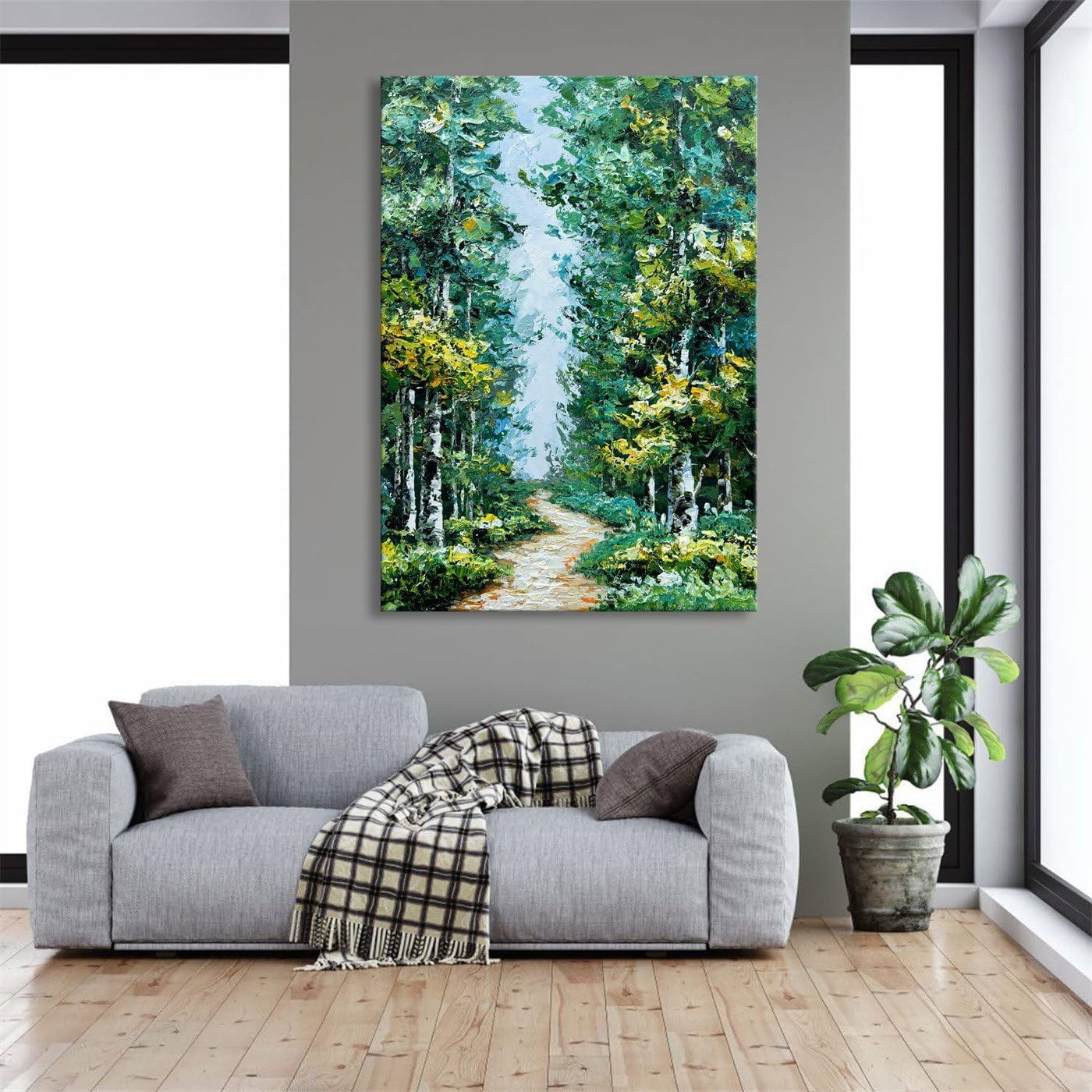 Alenoss Hand Painted Oil Painting on Canvas, Abstract Forest Landscape Painting, 28x40 inches, Green Artwork for Living Room Bedroom