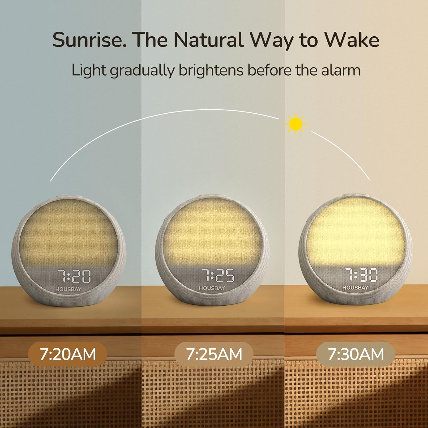 HOUSBAY MINI Sunrise Alarm Clock with Sound Machine, Rhythm Wake-Up Light, White Noise for Sleeping, Compact Phone-Free Bedrooms Clock, Putty