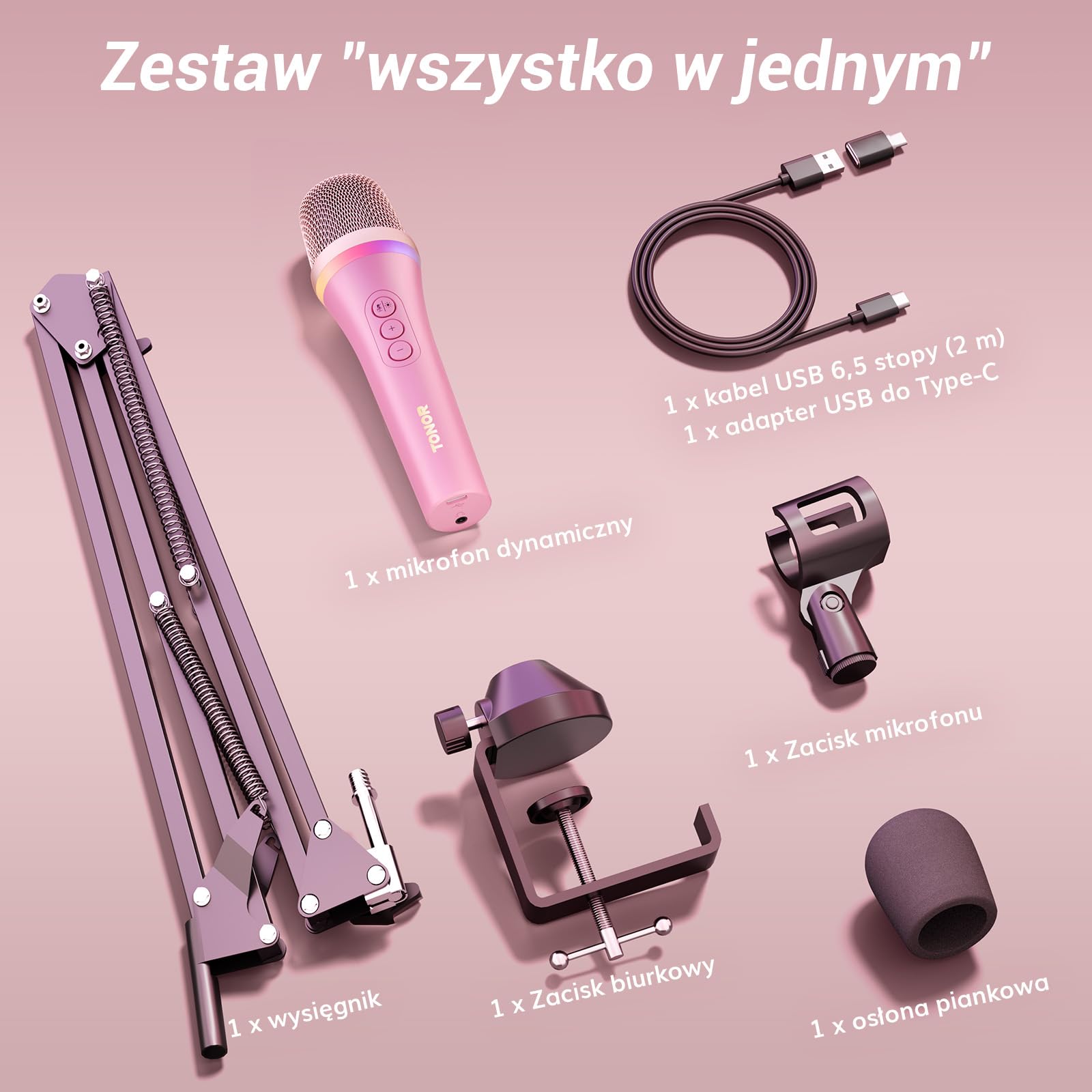 TONOR Mikrofon dynamiczny USB/typ C do komputera PC, RGB mikrofon do gier komputerowych do podcastów nagrywania, na żywo, przesyłania strumieniowego, YouTube, śpiewu, studia, karaoke Mikrofon różowy