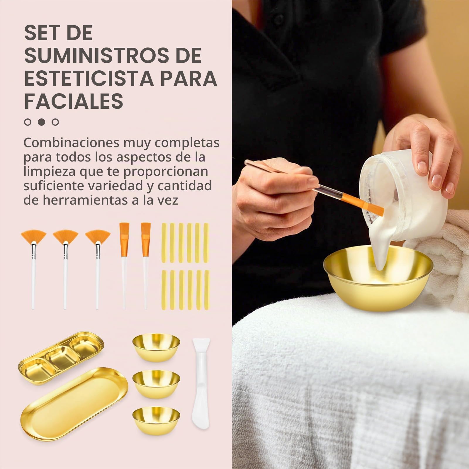 Juego de 24 cuencos y cepillos faciales para suministros de esteticista, cepillo plano y abanico para facial con cuencos para mezclar, bandeja de servir, espátula y esponja comprimida, herramienta