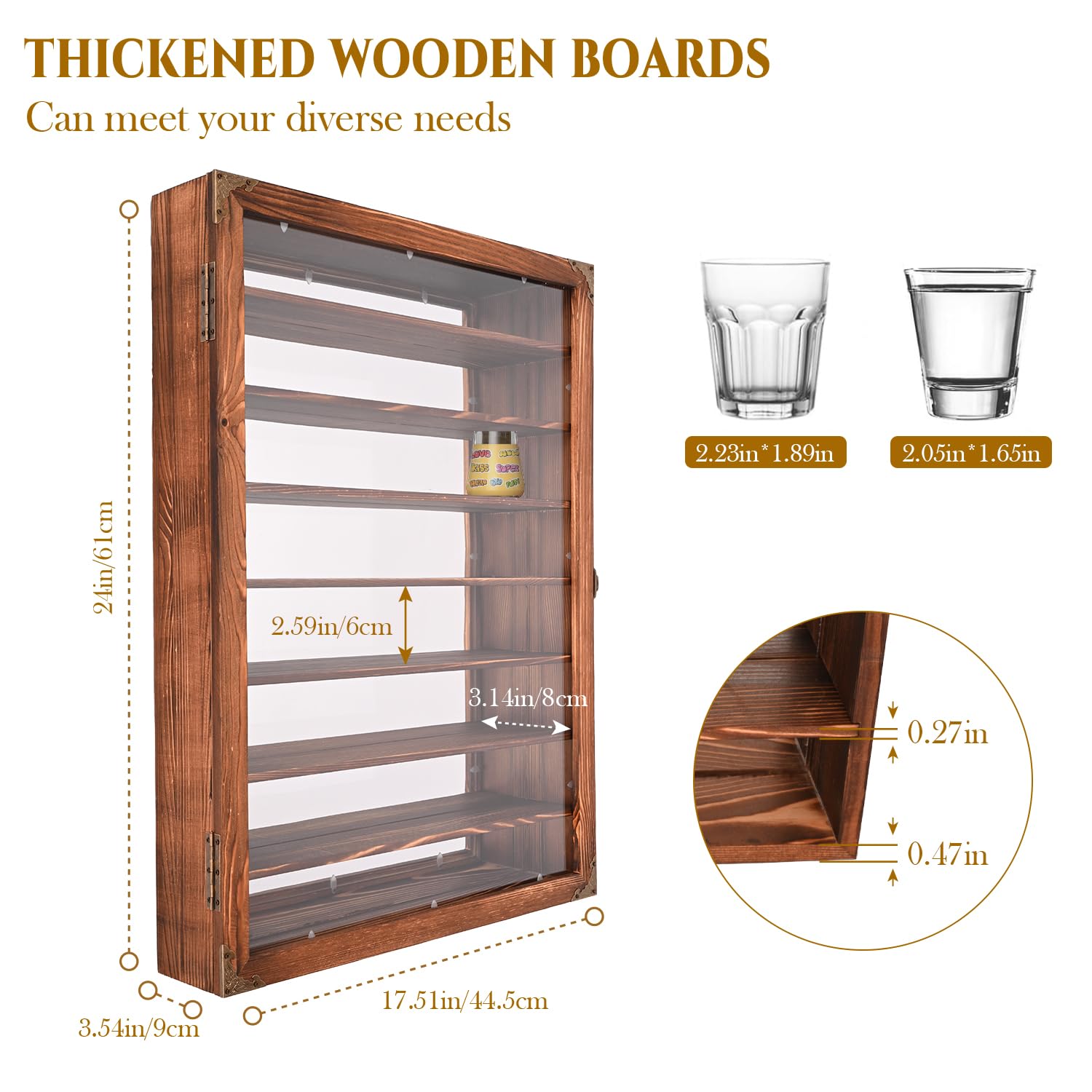 Tcatec Wood Shot Glass Display Case 8 Tier Mirror Backed Wall Mount Shot Glass Holder with Removable Shelves Bar Collection Cabinet Backed Wall Rack Display Box,Hinged Acrylic Door (Brown, 1 Pcs)