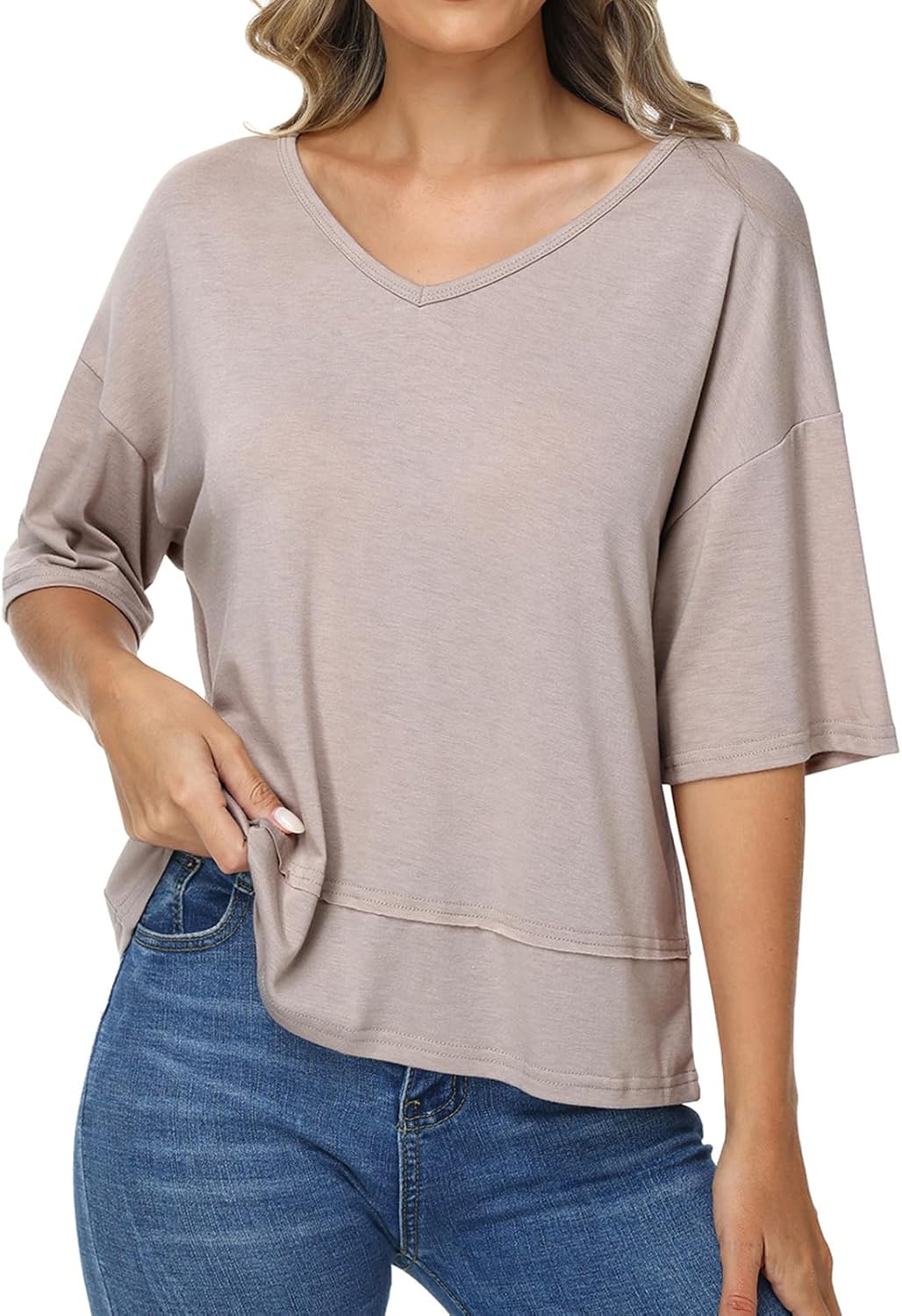 Women's V Neck T Shirts Summer Short Sleeve Tees Tops Casual Flowy Loose Fit Basic Tshirt - Image 7