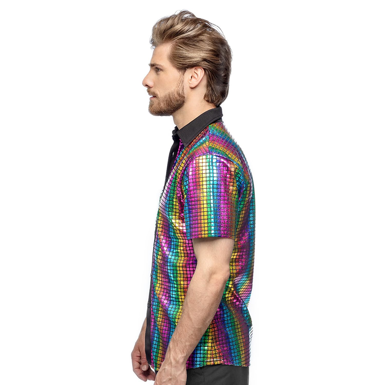 Boland Chemise Disco colorée, Chemise Disco Diamant, Chemise à Manches Courtes, t-Shirt pour Homme, Haut, t-Shirt de fête pour Carnaval ou fêtes à thème