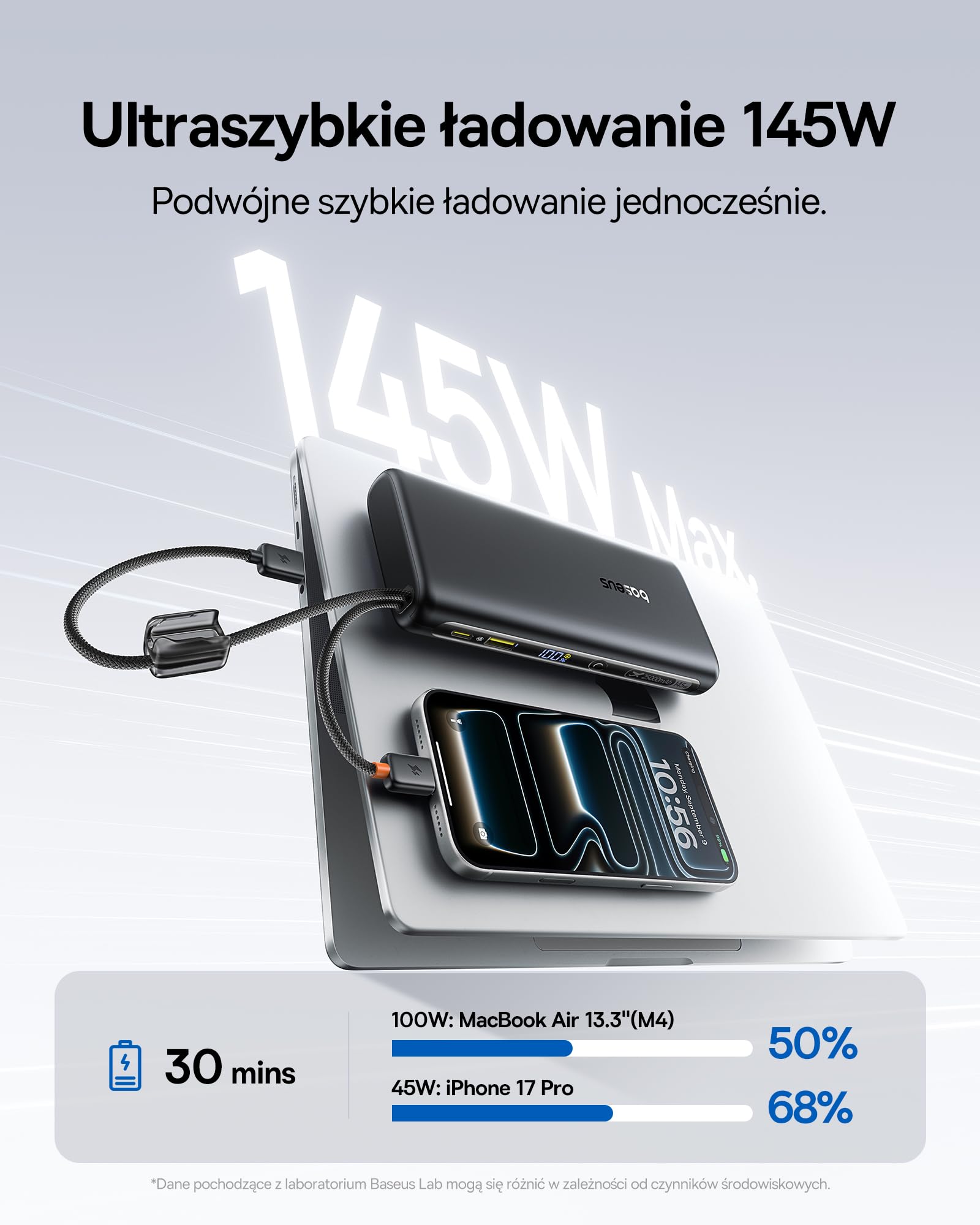 Baseus FC41 Powerbank 145 W, 25000 mAh, do szybkiego ładowania, powerbank z 2 wbudowanymi kablami USB-C, zewnętrzne akumulatory do telefonów komórkowych MacBook Pro, iPhone 17/16/15, Dell, HP