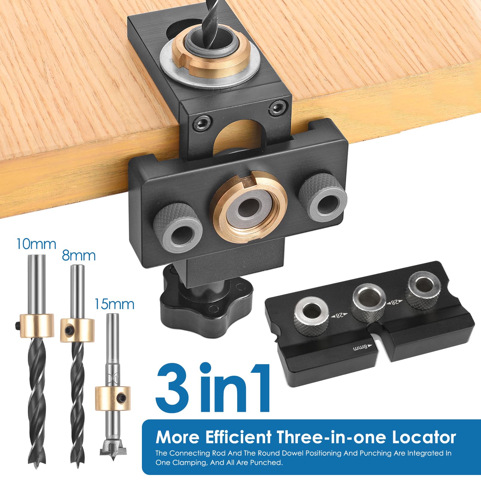 Kit de Plantilla de Clavija 3 en 1 8/10/15 mm, Guía de Perforación Ajustable con Clip de Posicionamiento, Localizador de Punzón para Carpintería