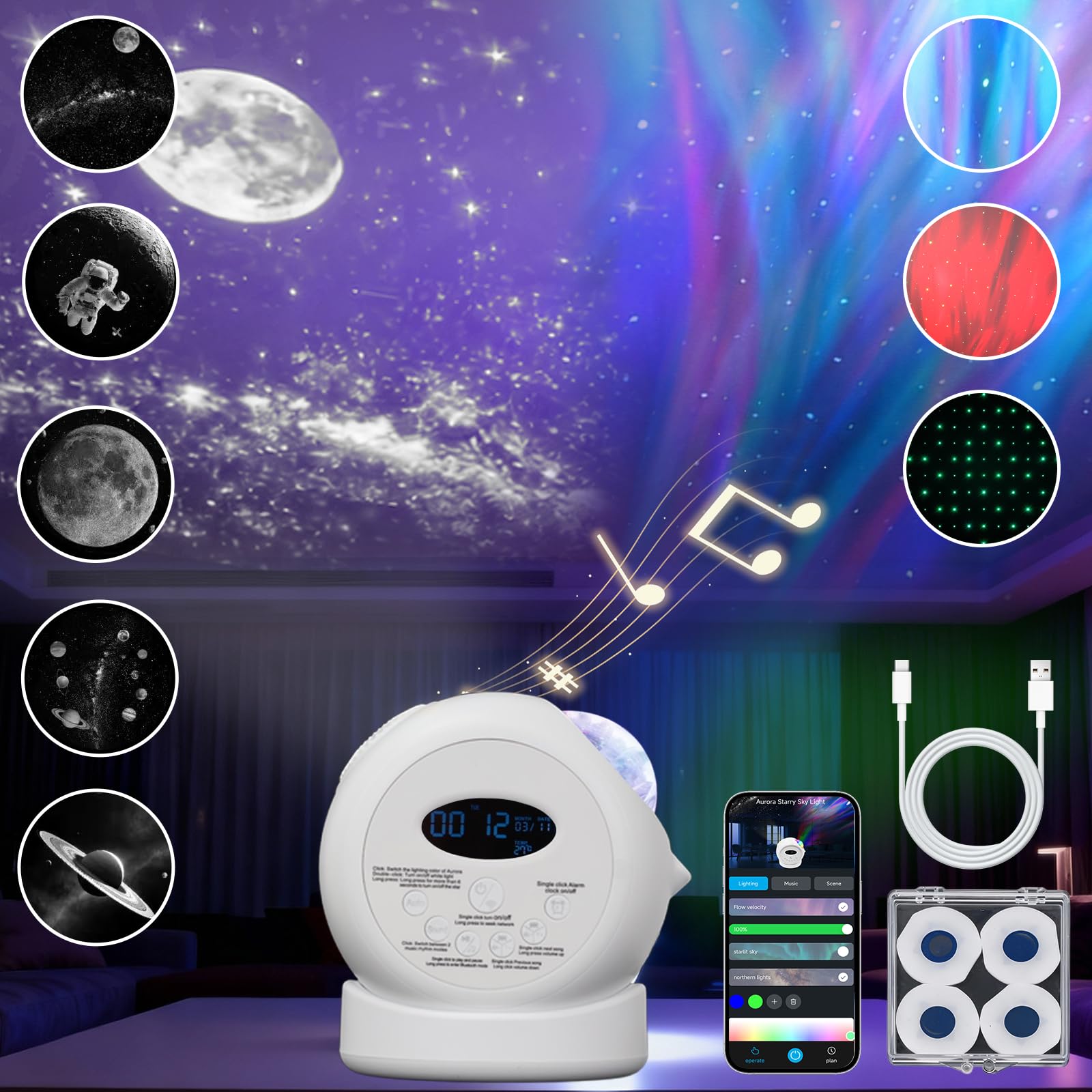 Aurora Starlight Sky Proiettore Luce notturna Caratteristiche Bluetooth Riproduzione musicale e 5 modalità di proiezione galassia — Camera da letto Nebulosa Soffitto Luce LED Decorazione per la camera