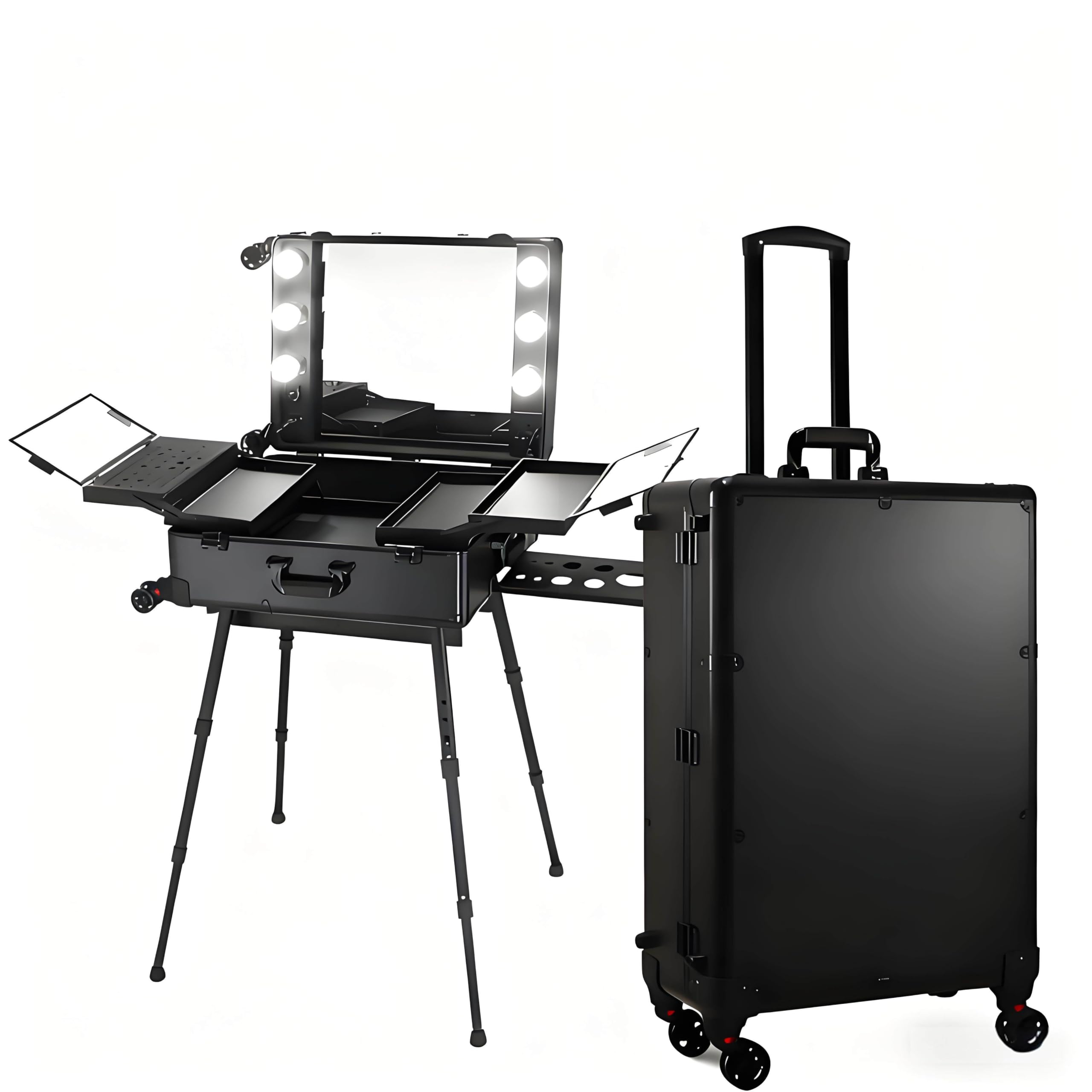 Tavolo da Trucco Professionale con Ruote, Portatile, Pieghevole, Supporto Nascosto e Ruote, Valigetta per Il Trucco Multifunzionale, Adatta a Truccatori Ed Estetiste, con Luce LED Black