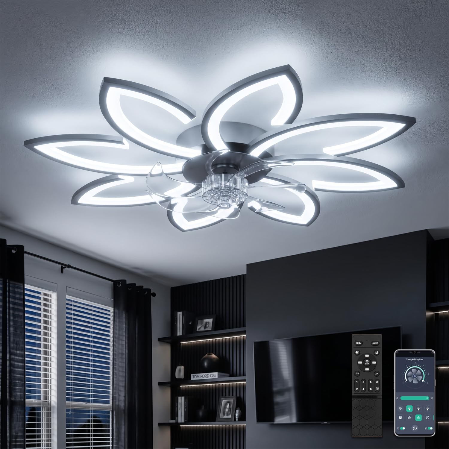 Ventilateur de plafond, 90 cm, très silencieux, à intensité variable, avec ventilateur, moteur DC, moderne, fonction été, hiver, pour chambre à coucher, cuisine, noir