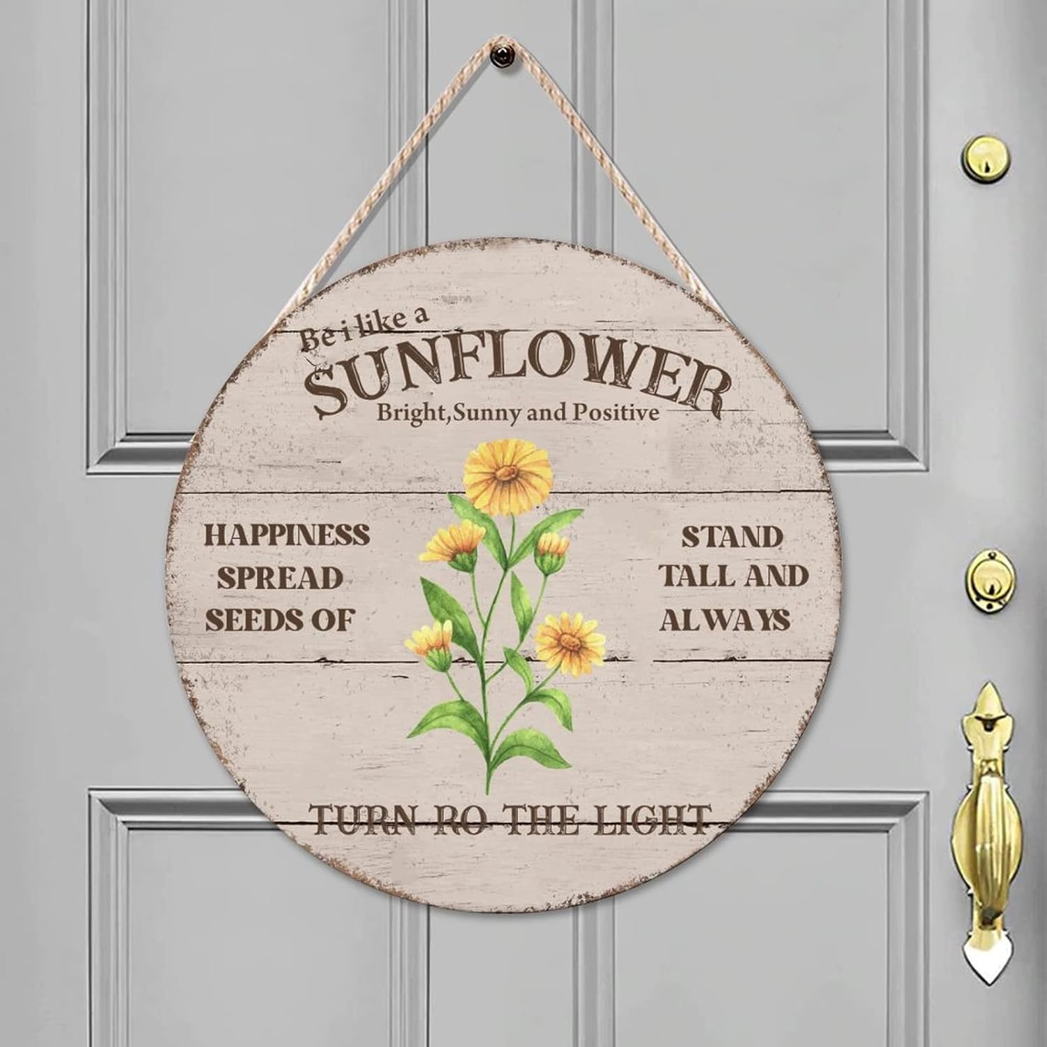 Sunflower Wood Door Sign, Stand Tall Front Door Sign, 16x16in Happiness Wall Hanging Sign Plaque for Outdoor Front Porch Farmhouse Front Door Decor Housewarming Gifts