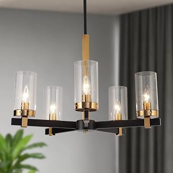 ZEVNI Black Gold Chandelier, Mid Century Chandeliers for Dining Room, Modern 5-Light Pendant Light Fixtures with Seeded Glass Shades, 22" Dia