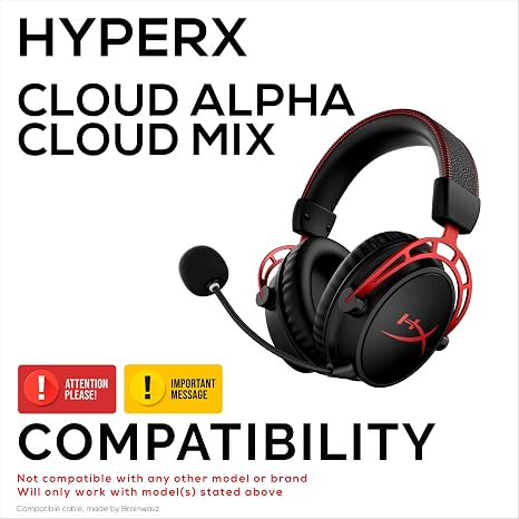 BRAINWAVZ Replacement Audio Cable Compatible with Kingston HyperX Cloud Mix & Cloud Alpha Headsets Inline Remote w/Mute & Volume Control Nylon Braided Cord w/Gold Plated Connectors