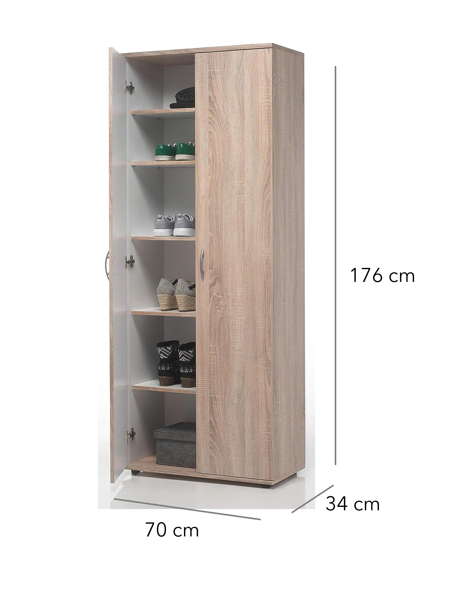 Scarpiera Salvaspazio in Legno Laminato Rovere, 70 x 34 x 176 cm, 5 Ripiani, 2 Ante