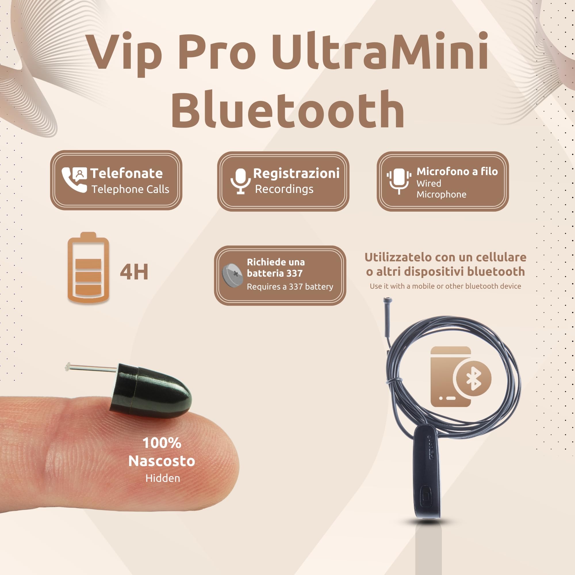 PingaOculto Cuffie Spia Esami (Vip Pro UltraMini Bluetooth Microfono Cavo) | Senza fili, Pulsante multifunzione, Chiamate e registrazioni, Collare a induzione, iPhone e Android, Volume elevato