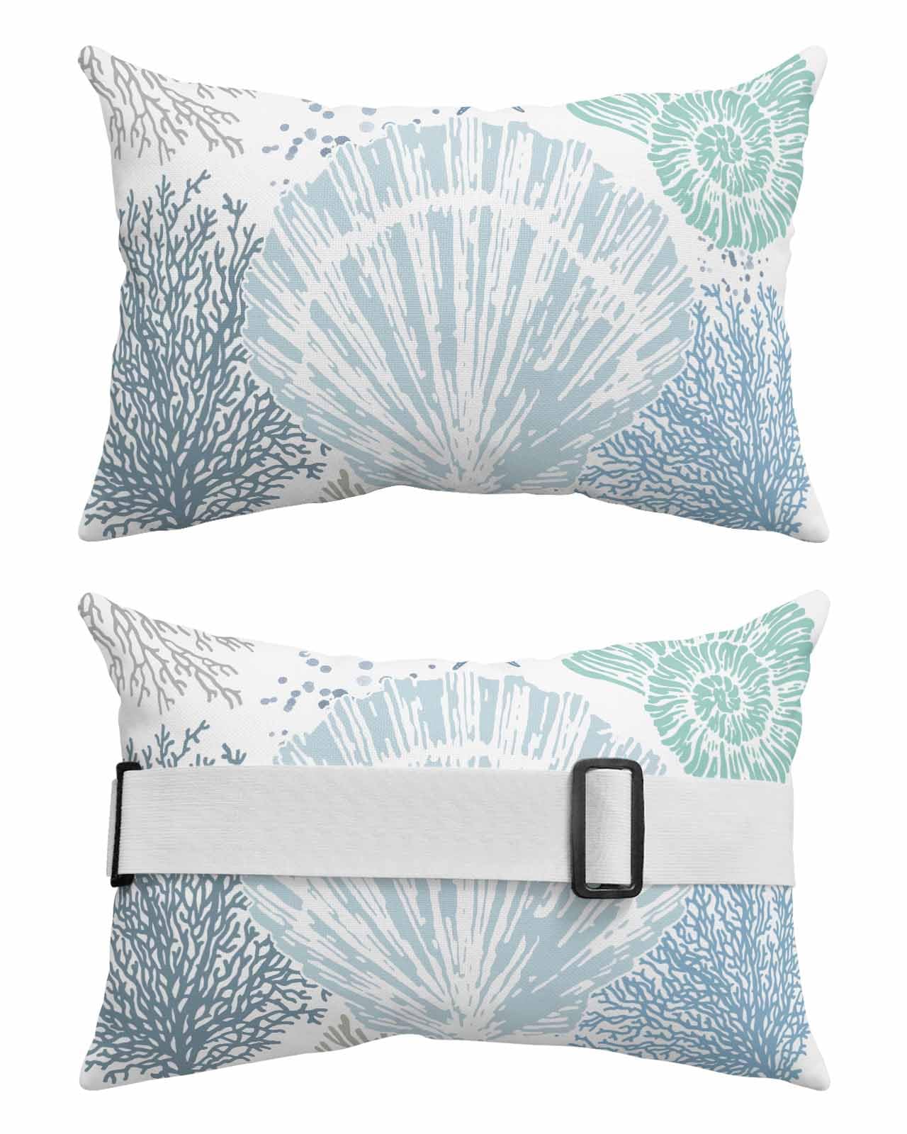 Anzona Pack of 4 Shell Coastal Lumbar Pillow Covers, Outdoor Waterproof Throw Pillow Covers Set, Teal Blue Starfish Nautical Summer Beach Decorative Cushion Case for Patio Beach, 11x16 Inch