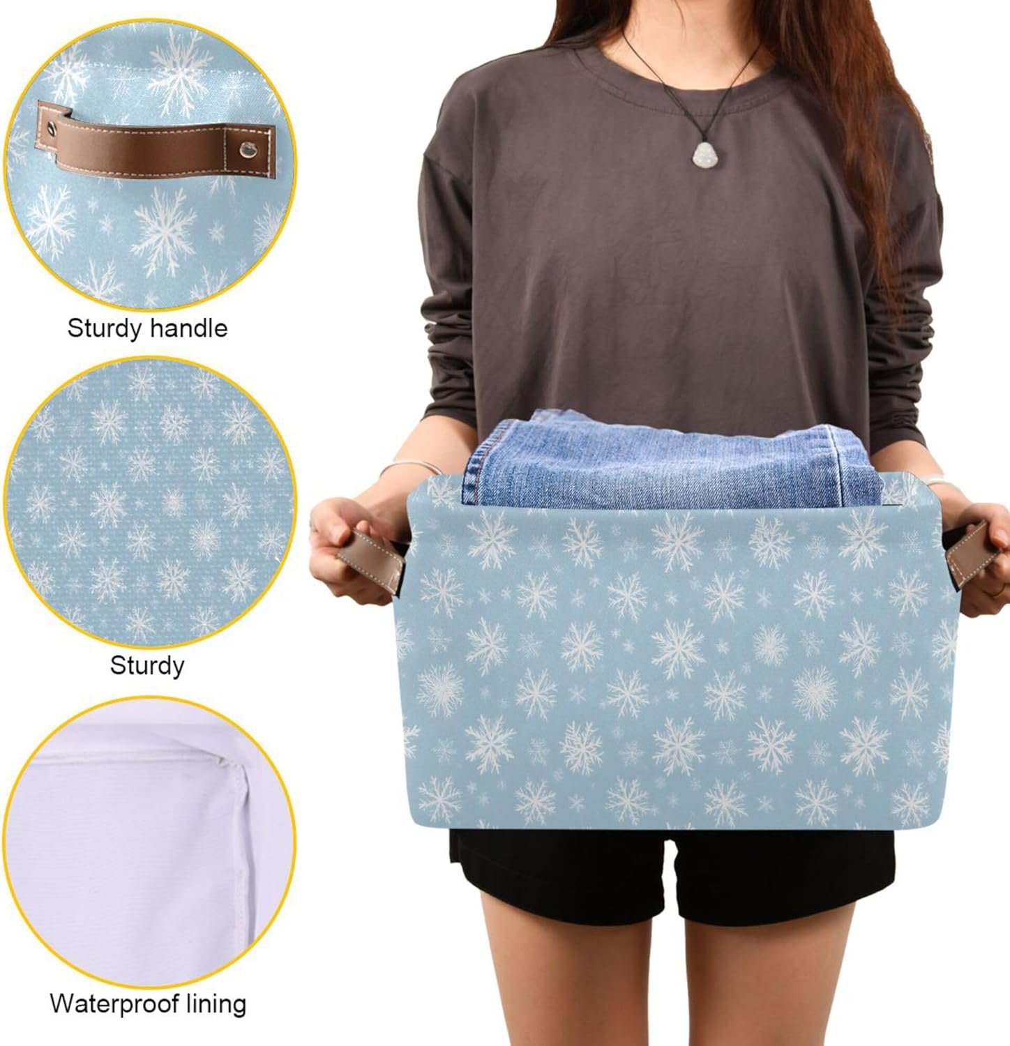 MNSRUU Storage Basket Snow Flower Blue Collapsible Organizer Basket for Shelves with PU Handles, Decorative Waterproof Nursery Laundry Storage Cubes Bins, 2 Pack