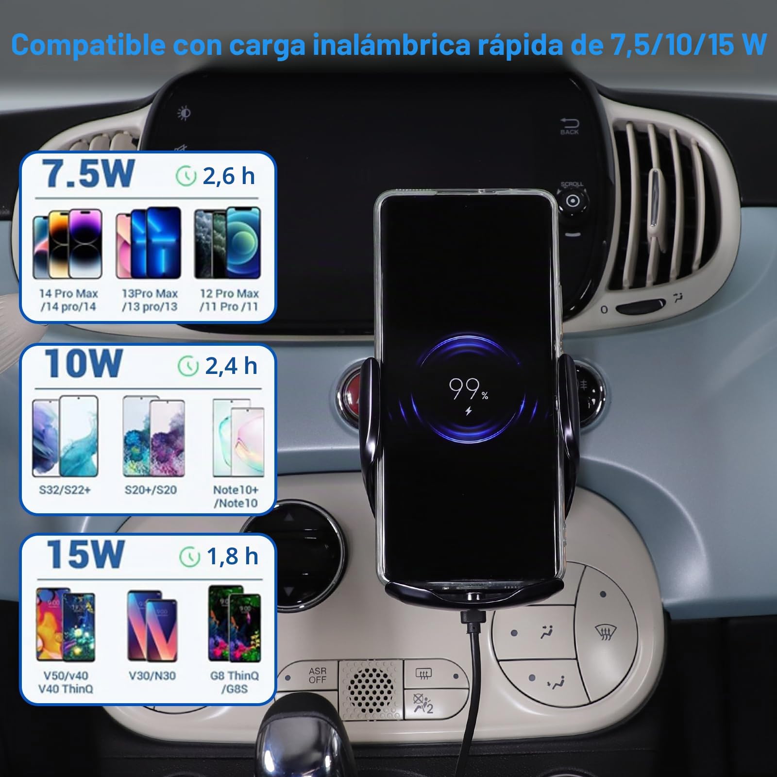 Soporte para teléfono móvil de coche compatible con Fiat 500 2016-2024, consola central, soporte de teléfono móvil de rotación de 360° (estilo C carga inalámbrica)