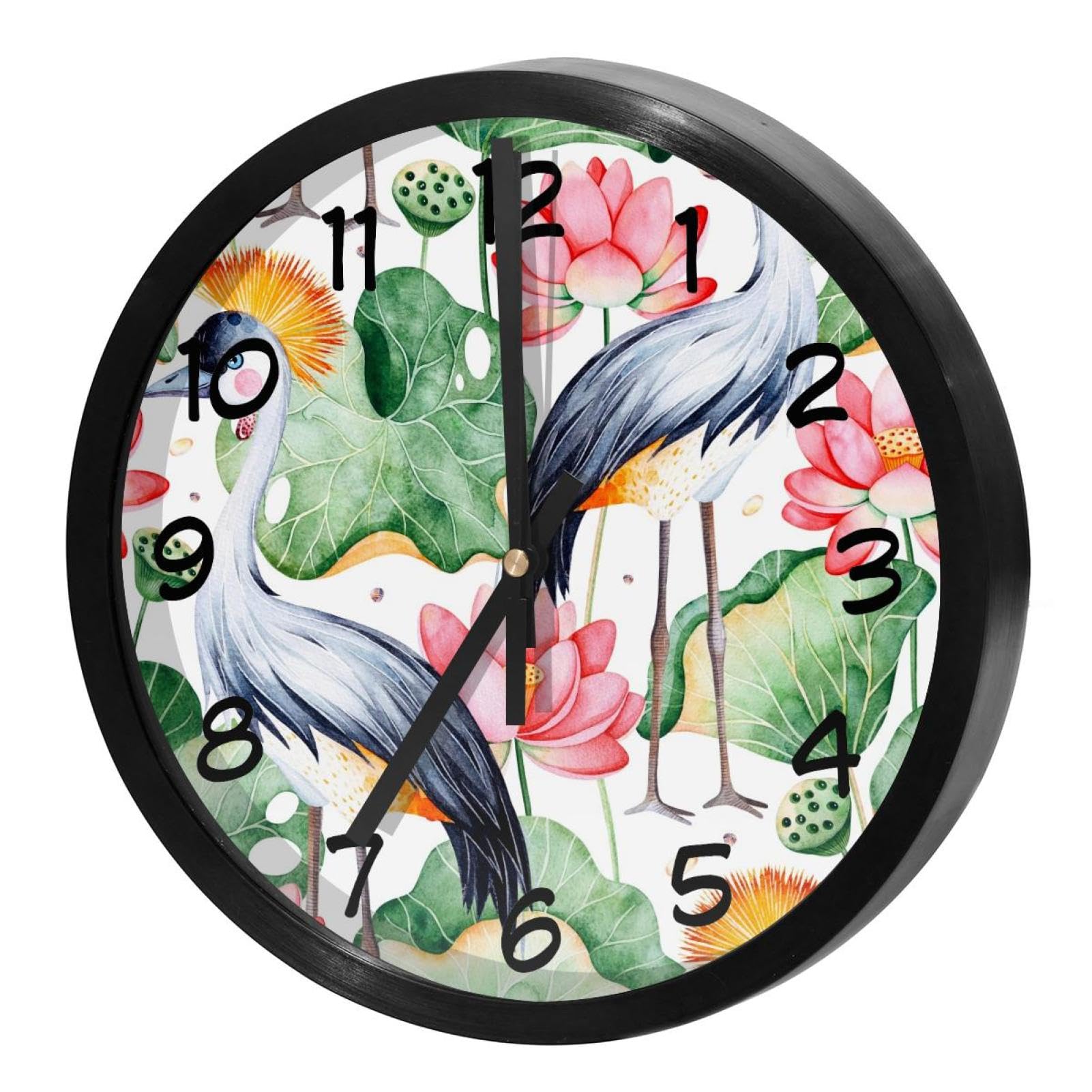 Horloge murale ronde pour cuisine et maison motif grue couronnée noire mécanisme à piles