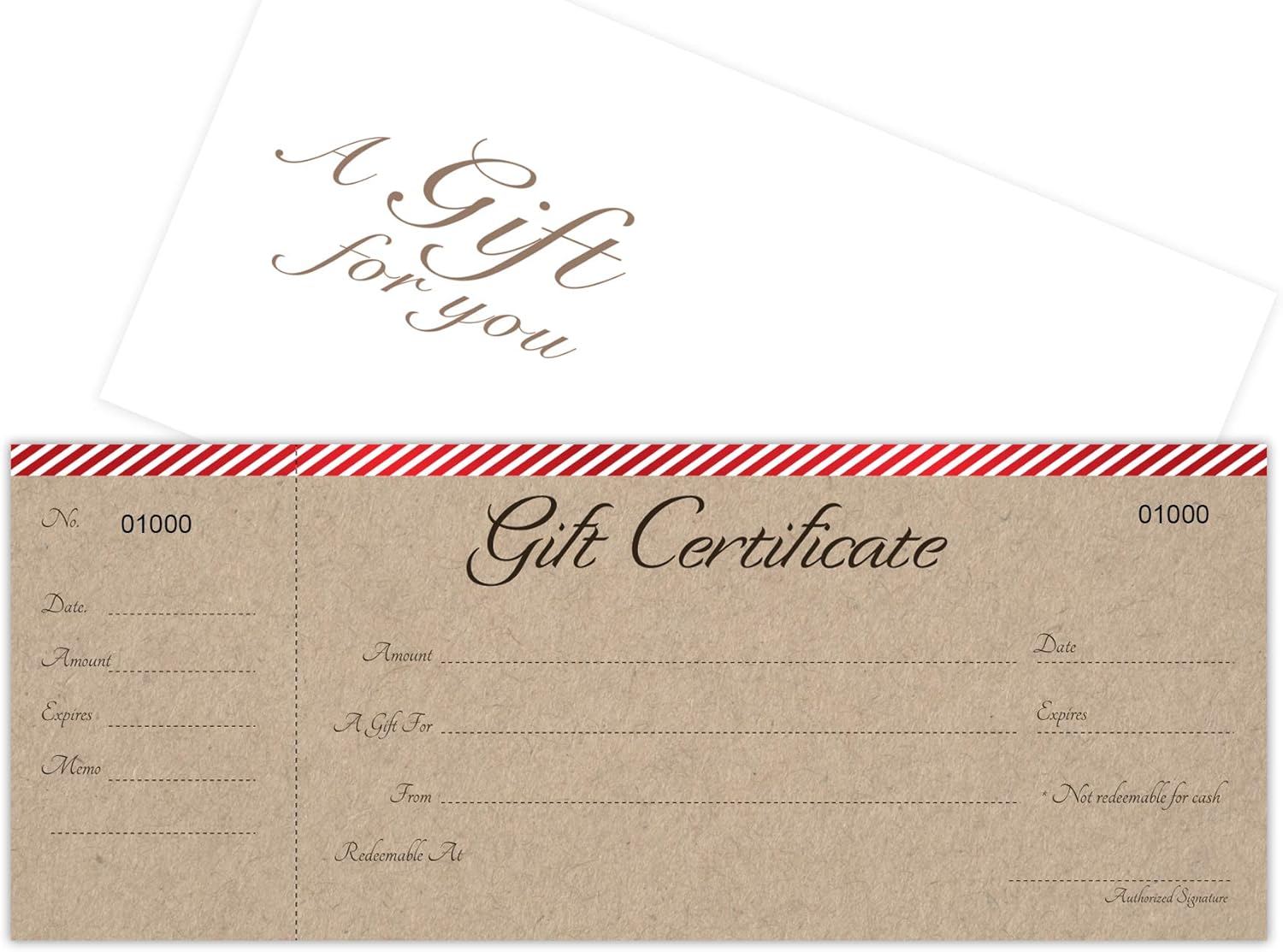 IMPACTONLINEPRINTING Blank Gift Certificates Cards with Free Envelopes 25 set-Stripes on Red Bar with kraft background image