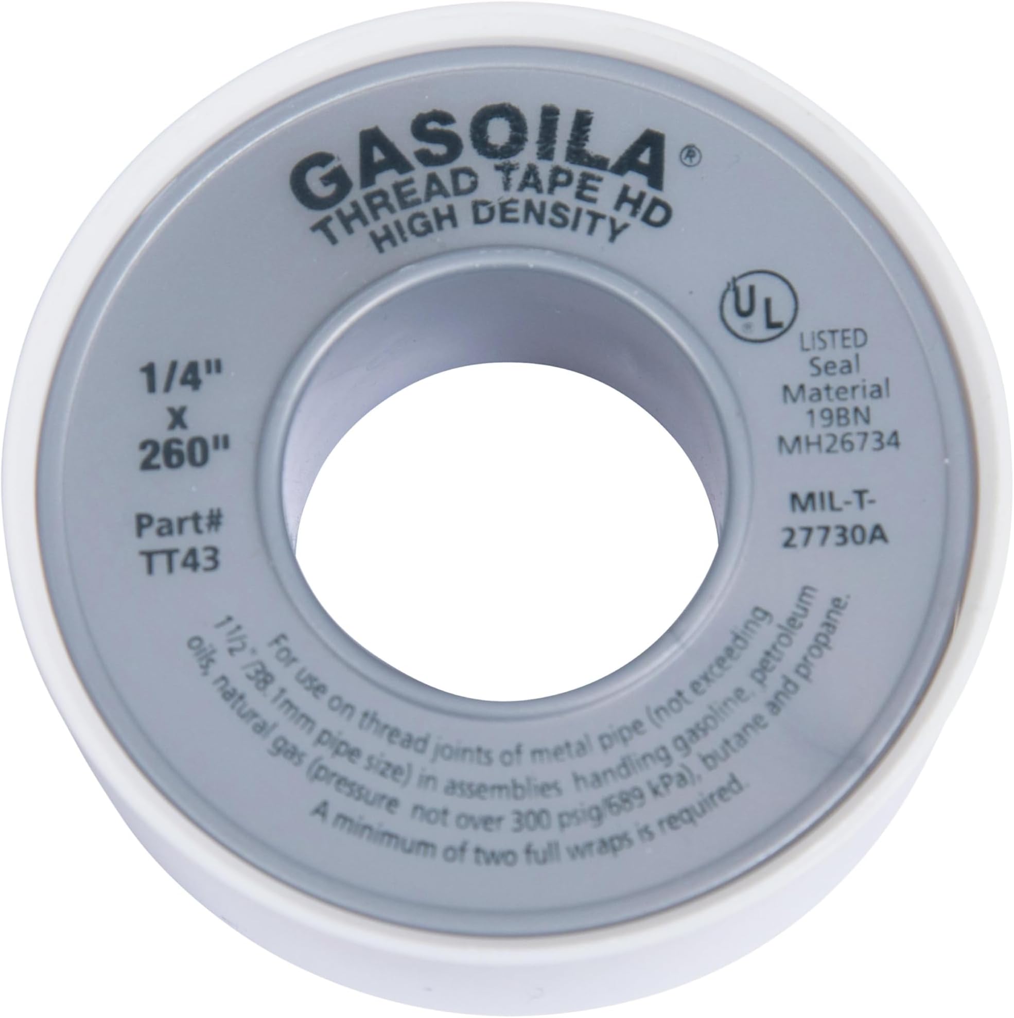 White PTFE High Density Thred Tape Roll, -400 to 500 Degree F Performance Temperature, 3.9 mil Thick, 260" Length, 1/4" Width