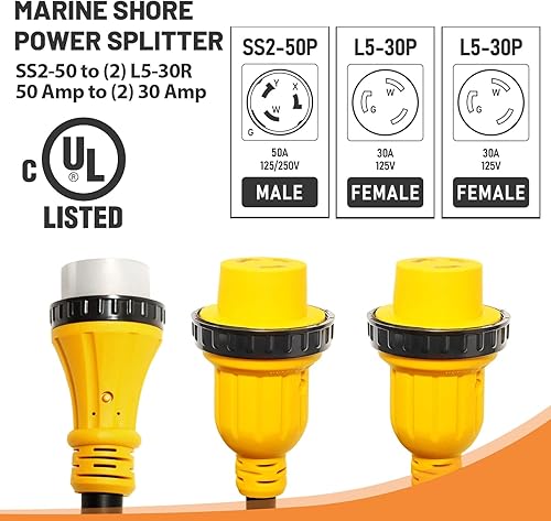 Miniatura 2 de Marine Shore Power Y Splitter SS2-50P macho 50A a (2) 30A L530R hembra, 50 Amp 125250V SS2-50P a L5-30R Adaptador Y con anillo de bloqueo y cuello,