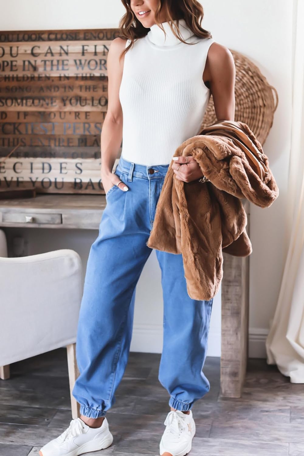 INKOFF Women’s Sleeveless Turtleneck Tops Ribbed Slim Fitted Turtle Neck Sweater Vest Dressy High Neck Knit Top - Image 5