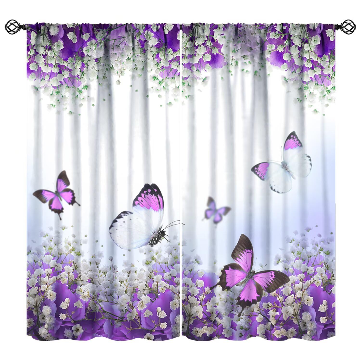 JESTRONRY Purple Butterfly Fantasy Window Curtains,Romantic Floral Spring Theme Print Rod Pocket Window Drapes for Living Room Bedroom Kitchen 72" W X 63" L