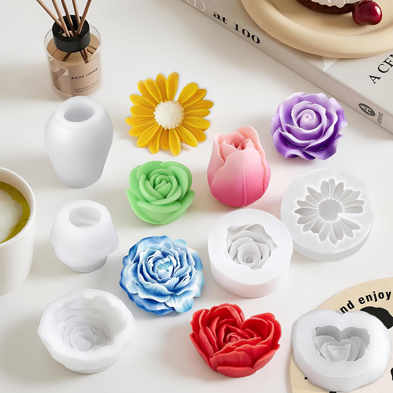 6 Pcs Flower Silicone Candle Molds Set, 3D Realistic Daisy Peony Rose Tulip Silicone Molds, Easy Release Flexible Molds for DIY Candles, Soap Making, Epoxy Resin Craft