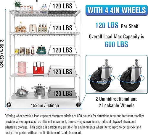 Miniatura 3 de Estantería de alambre NSF de 5 niveles, 24 x 60 x 82 pulgadas, capacidad de 7500 libras, estante de metal de almacenamiento ajustable resistente con