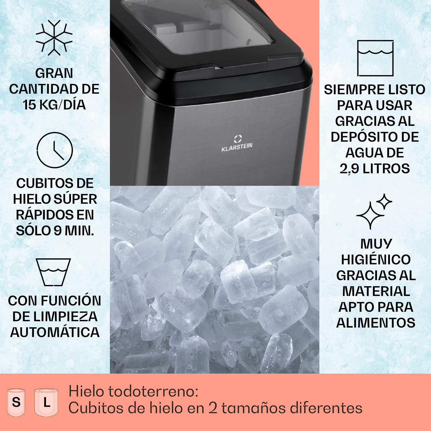 Klarstein Partytime - Máquina de cubitos de hielos, Potencia 145 W, Tanque de agua 2,9 L, Volumen producción 15 kg/24h, 9 cubitos por ciclo, 2 tamaños, Función autolimpieza, Acero, Negro