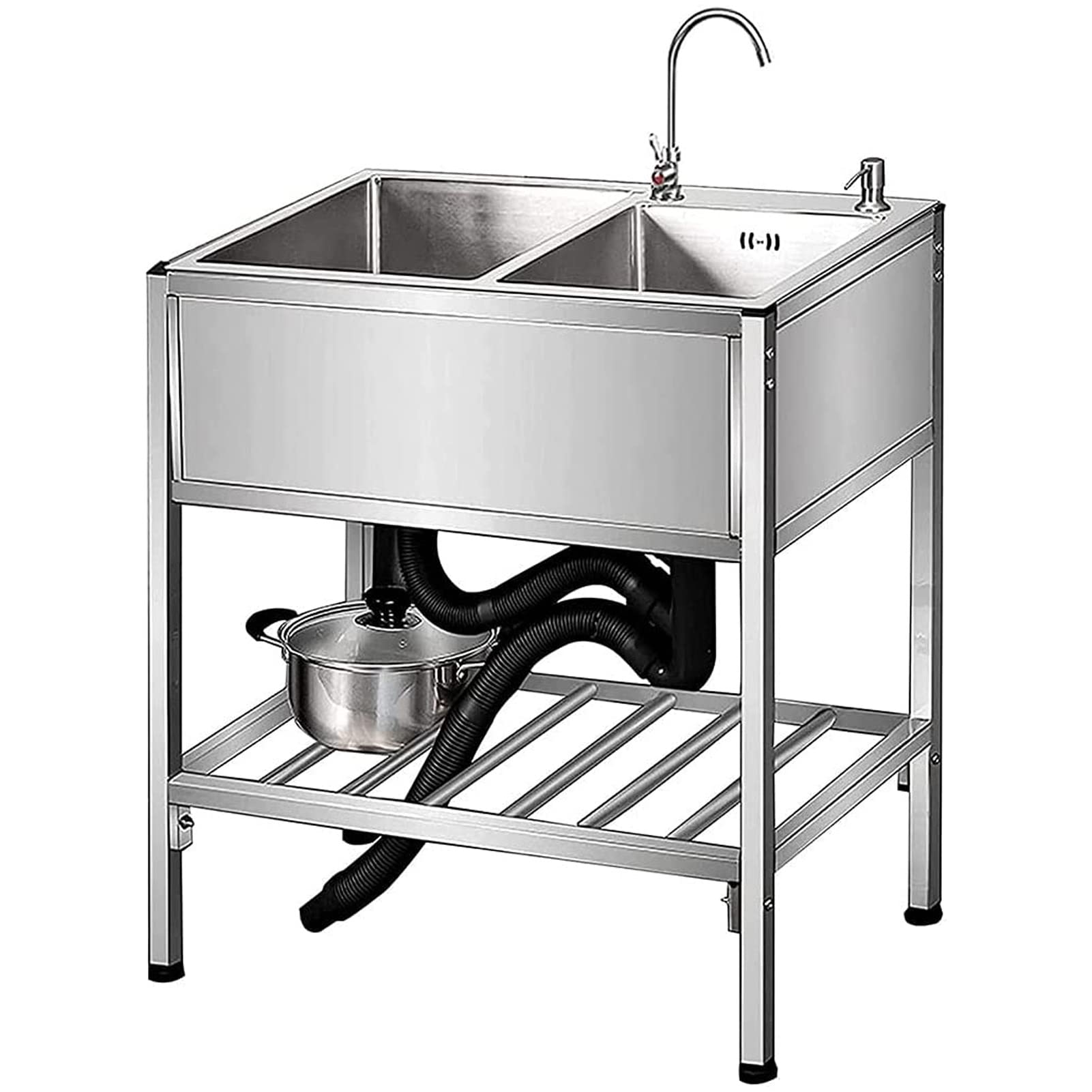 TAXXII Freestanding Kitchen Sink Outdoor Mobile Commercial Double Basin 2 Compartment with Faucet Suitable for Garage, Restaurant, Laundry Room