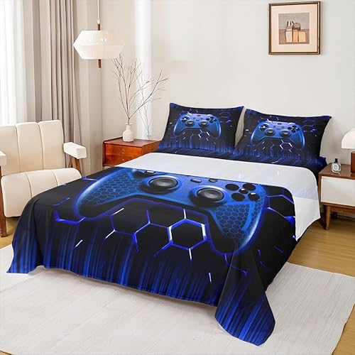 Manfei Honeycomb - Juego de sábanas con diseño de mando de videojuegos tamaño Twin, juego de ropa de cama geométrica azul con controlador de juegos