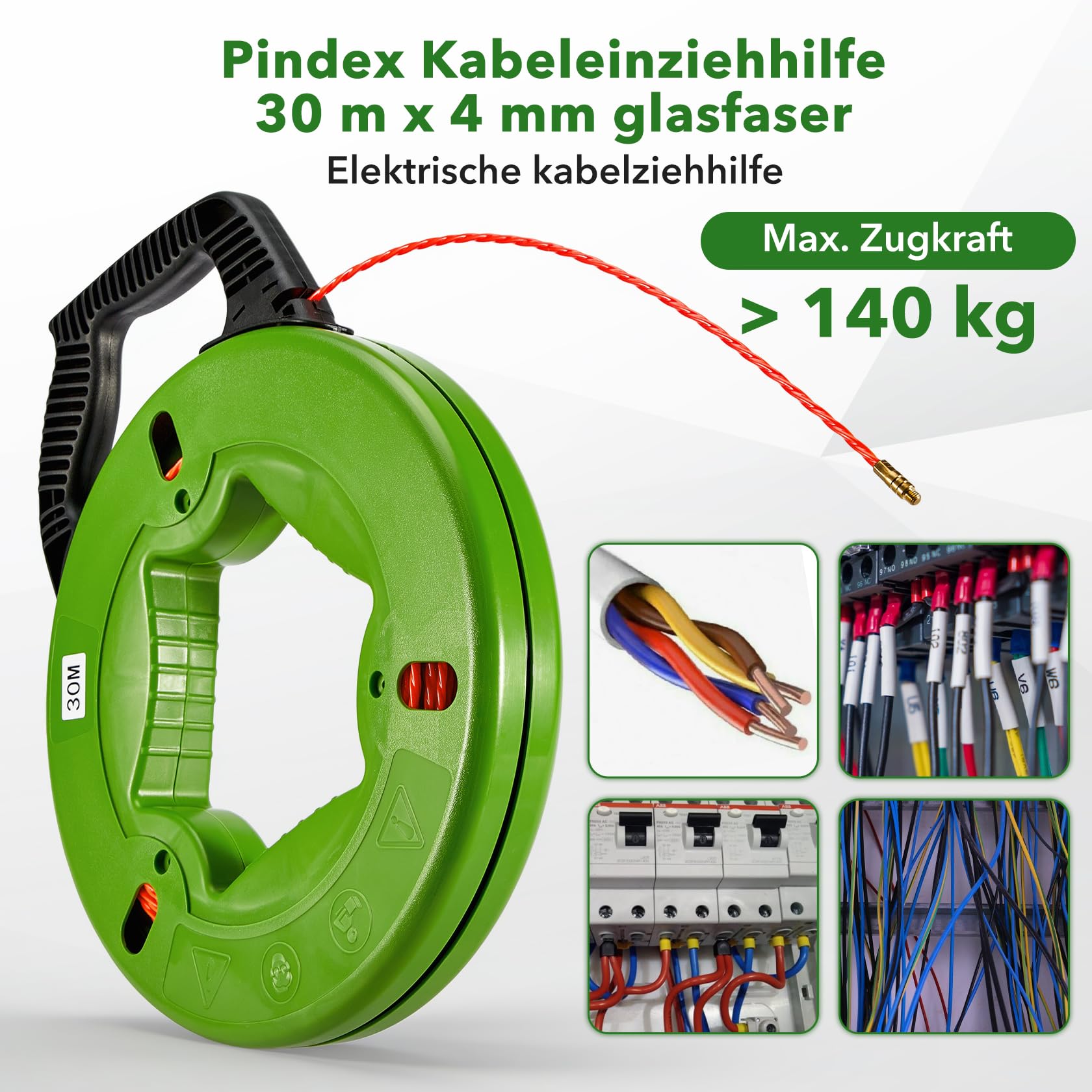 Pindex 30 m Kabel Einzugshilfe Einziehspirale, Kabeleinziehhilfe mit 5 Adapters für Leerrohre, Stromkabel, Netzwerkkabel, Glasfaser