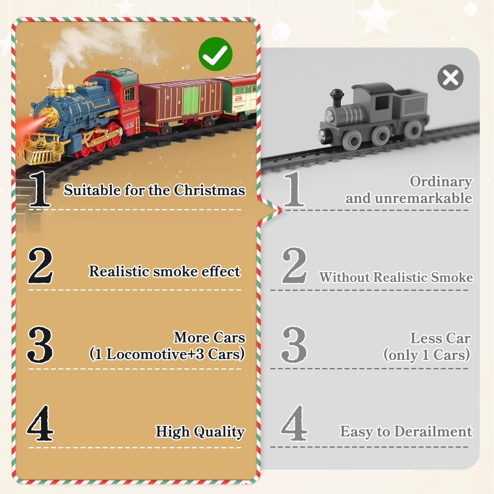 Tren de Navidad eléctrico retro con luces, sonido y vapor, batería recargable USB, locomotora y vagones, con vías y escena decorativa, juguete navideño para niños desde 3 años, ideal debajo del árbol.