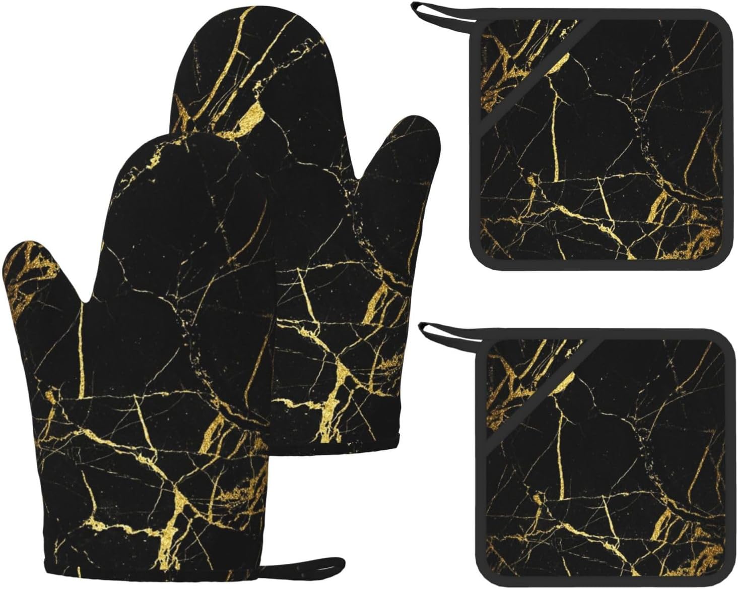Black Gold Marble Oven Mitts and Pot Holders Set of 4 Heat Resistant Kitchen Gloves with Silicone Palm Hot Pads for Baking Cooking Grilling BBQ
