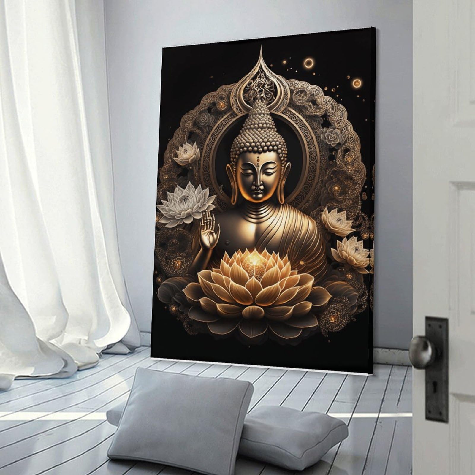 Junmoney Frame-Style-20 Canvas Art Print Golden Buddha Statue With Lotus, 24X36inch(60X90cm), For Office, Study Or Home Workspace, Wall Art That Adds Style To Work Areas