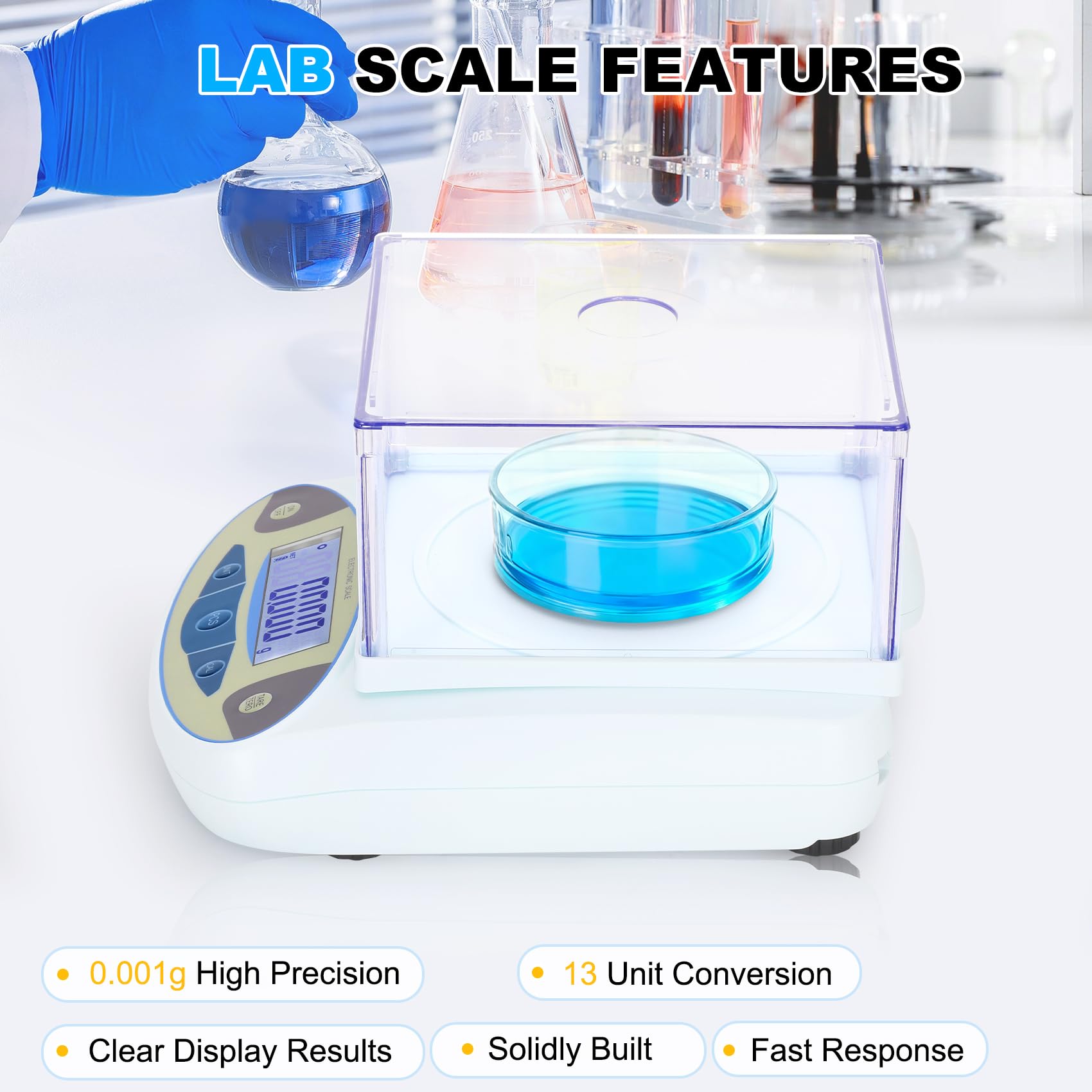 Báscula de laboratorio de 500 g x 0,001 g, balanza analítica precisa de alta precisión con parabrisas, báscula científica electrónica de laboratorio de precisión digital (con peso de calibración de