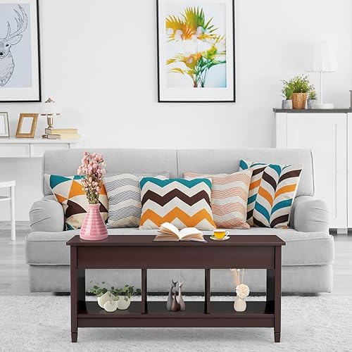 Miniatura 20 de COSTWAY Mesa auxiliar elevable, con compartimento de almacenamiento oculto y 3 estantes abiertos, mesa de té rectangular de cóctel con patas de