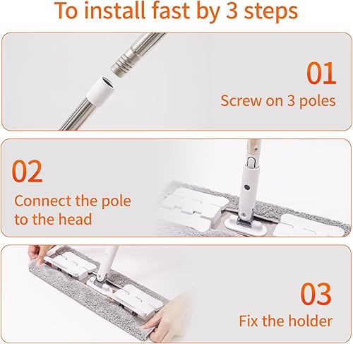 Miniatura 4 de Trapeador húmedo de microfibra de 360 para limpieza de suelos 4 almohadillas de microfibra reutilizables resistentes altura ajustable y accesorios