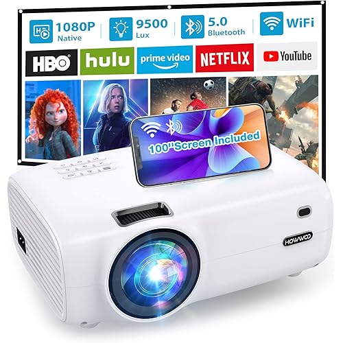 Projector with WiFi and Bluetooth, Native 1080P Portable Projector with 100" Screen, 9500L Full HD Outdoor Movie Projector for Phone, PC, TV Stick