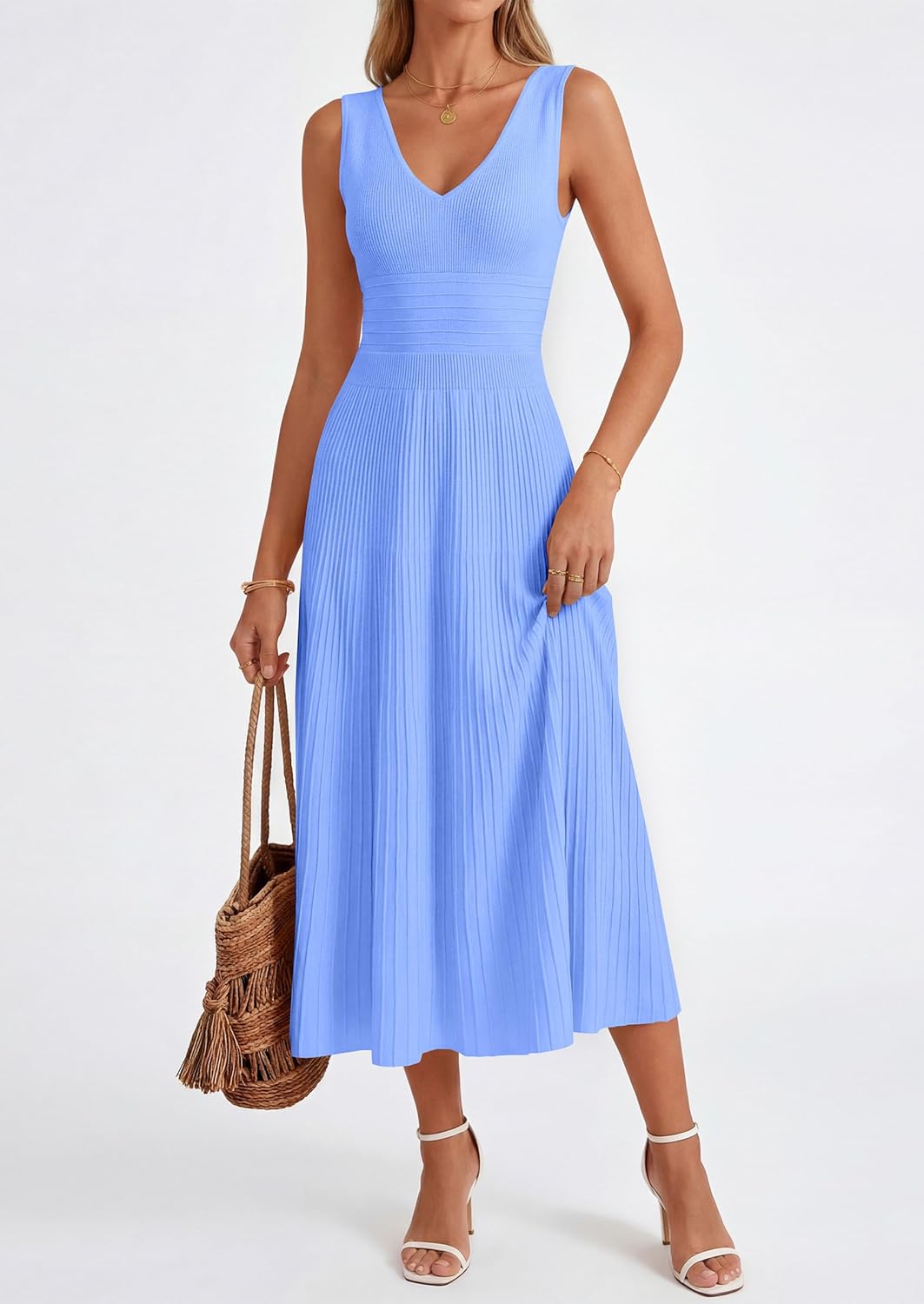 PRETTYGARDEN Summer Dresses for Women 2026 Spring Sleeveless V Neck Knit A Line Casual Midi Cocktail Wedding Guest Dress - Image 4