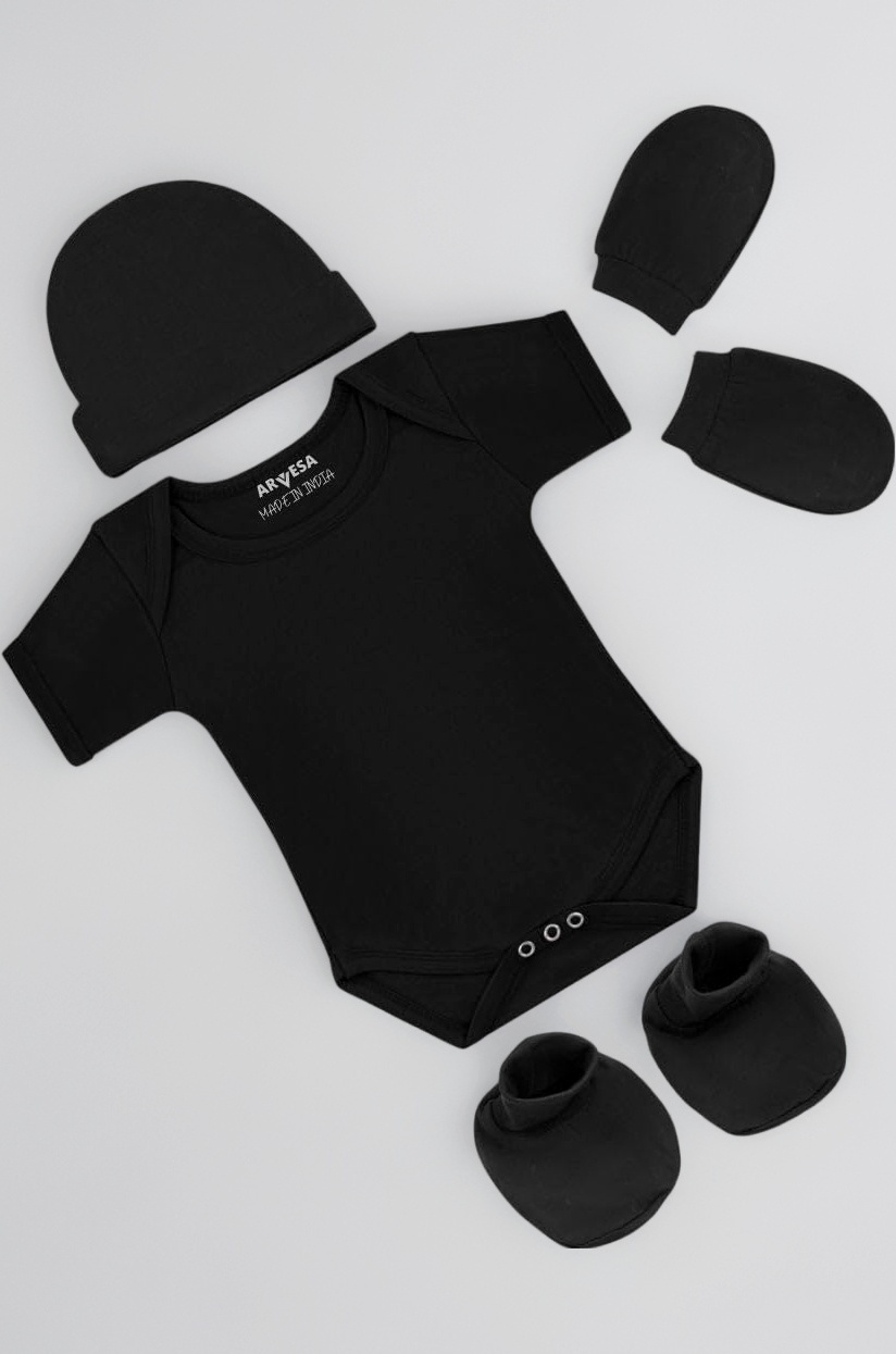 ARVESA 100% Cotton Biowash White Romper for Newborn Baby Romper Set with Cap Booties & Mittens 0–6 Months