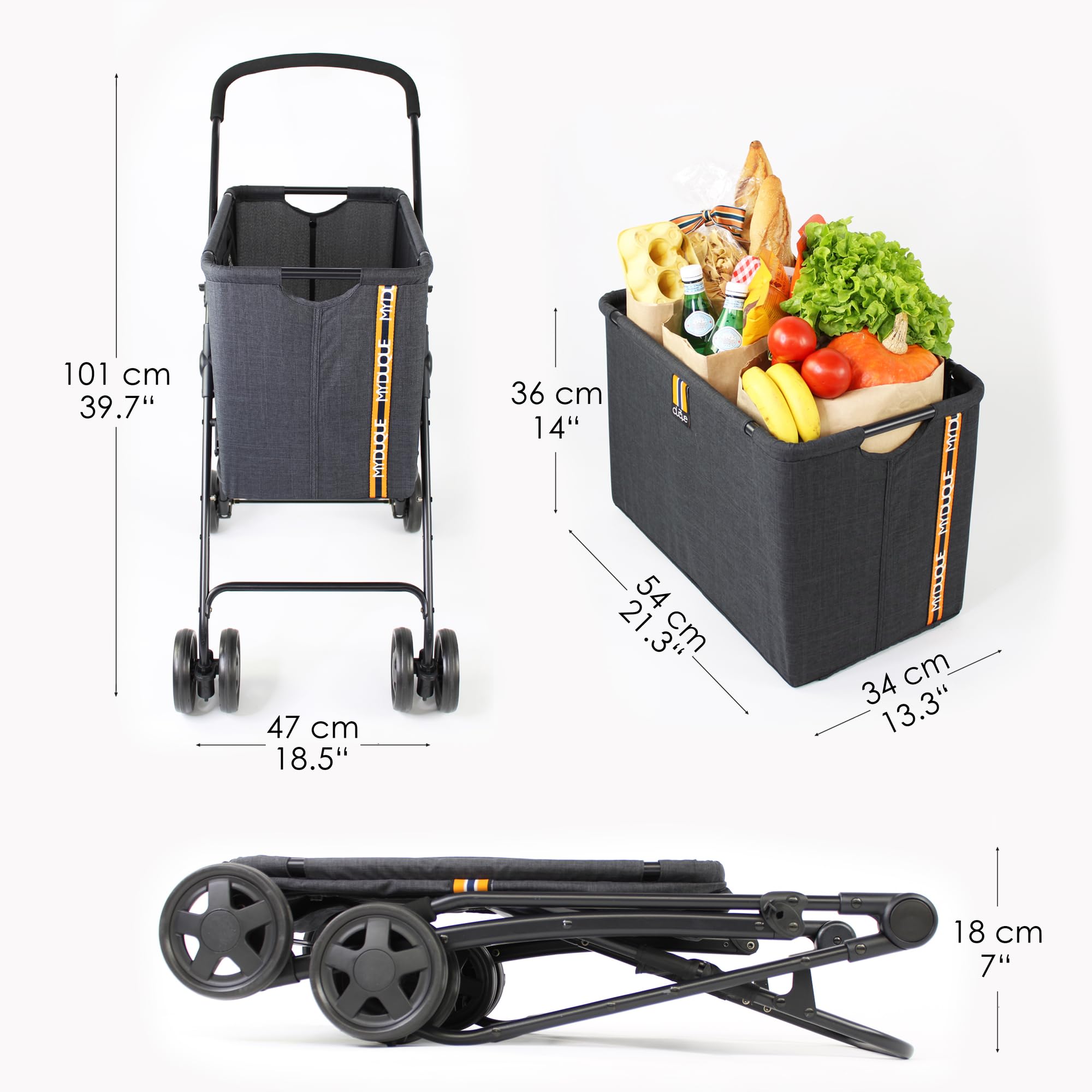 Mila moderno carrello della spesa, cestino rimovibile, porta - 15 kg/33 lbs, pieghevole, freno a pedale, manico morbido, tessuto resistente. Doppia ruote anteriori, manovrabilità a 360