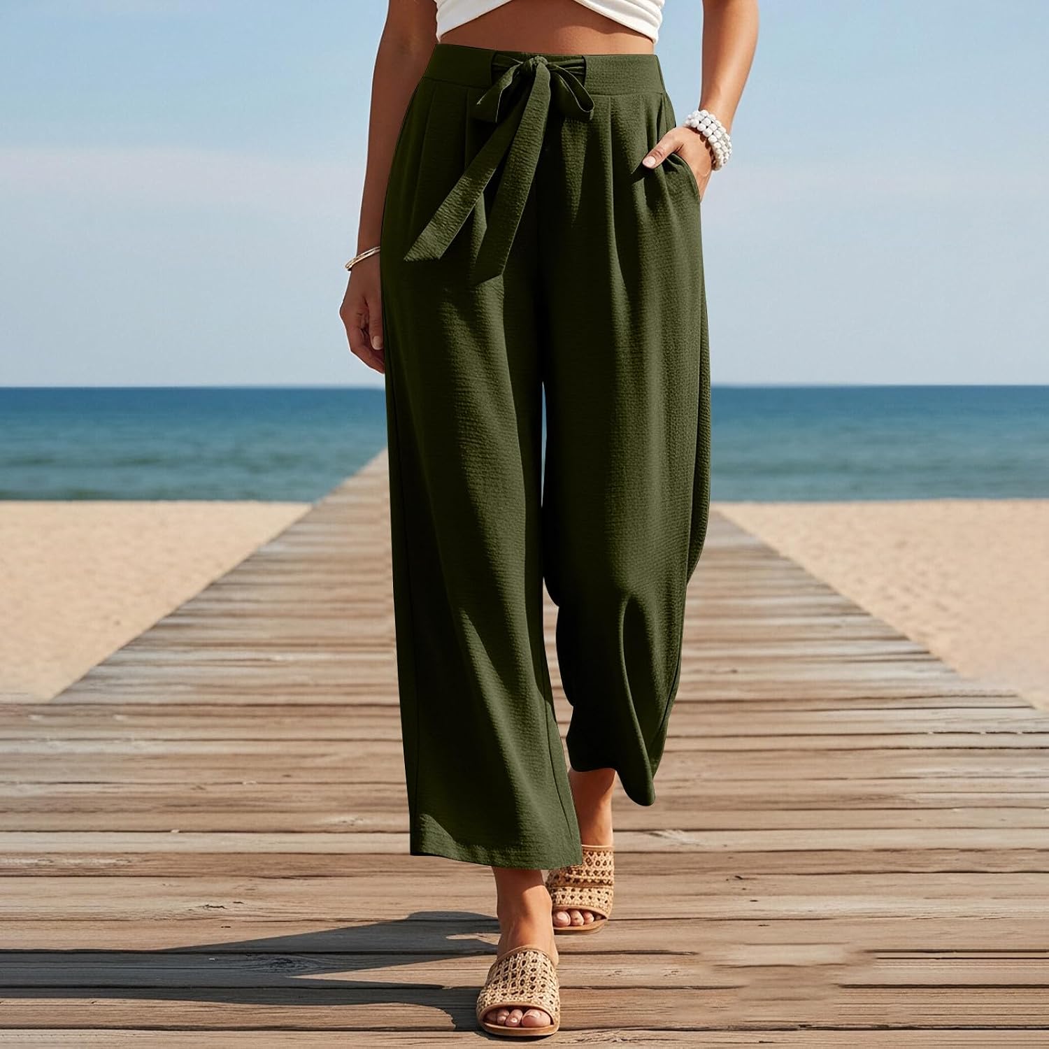 Women's Capri Pants Wide Leg Drawstring Elastic Waist Casual Cropped Pants Summer Beach Vacation Clothes Outfits