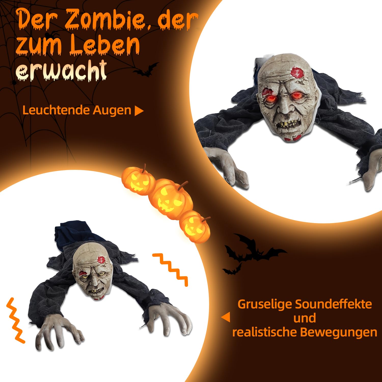 Dekoracja na Halloween Zombie 1,40 m – pełzająca straszna figurka z ruchem ramienia, czerwone oczy LED | dźwięk – figurka Halloween SHXHD2403 na baterie – dekoracja na imprezę, wejście, korytarz i